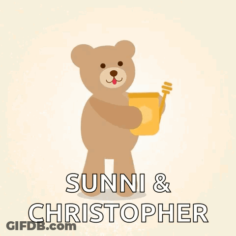 A Brown And Black Teddy Bear Standing Next To Each Other With The Name Sunni And Christopher Written Below Them GIF