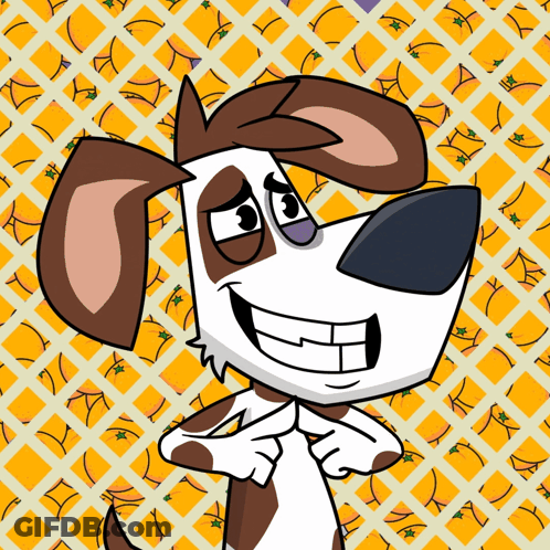 A Brown And White Cartoon Dog Is Smiling In Front Of An Orange Background GIF