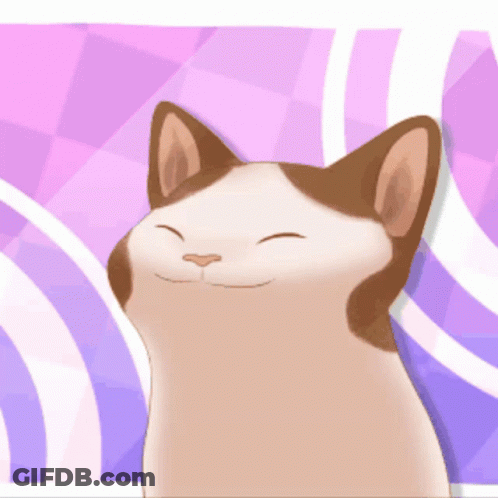 A Brown And White Cat Is Smiling On A Pink And Purple Background GIF