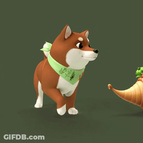 A Brown And White Dog Standing Next To A Cornucopia Of Fruits And Vegetables With The Words Happy Thanksgiving Above It GIF