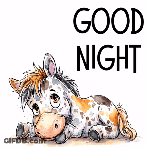 A Brown And White Horse Laying Down With The Words Good Night Written Above It GIF