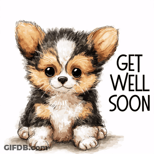 A Brown And White Puppy With The Words Get Well Soon Behind It GIF