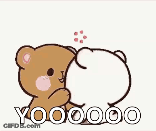 A Brown And White Teddy Bear Hugging Each Other With Hearts Surrounding Them . GIF