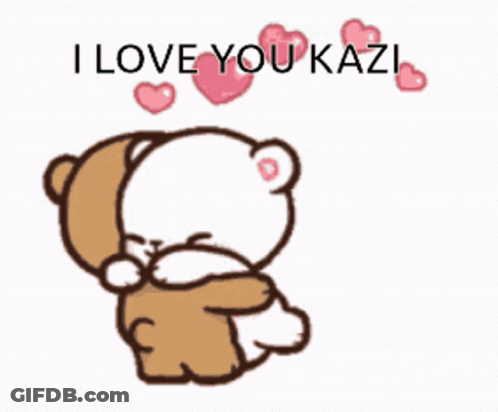 A Brown And White Teddy Bear Hugging Each Other With The Words I Love You Kazi Above Them GIF