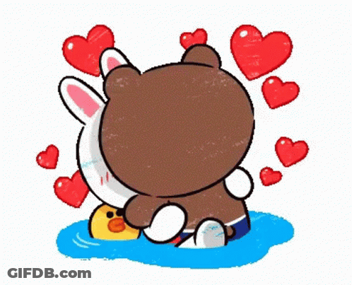 A Brown Bear And A White Rabbit Are Hugging Each Other In A Puddle Of Water Surrounded By Hearts . GIF