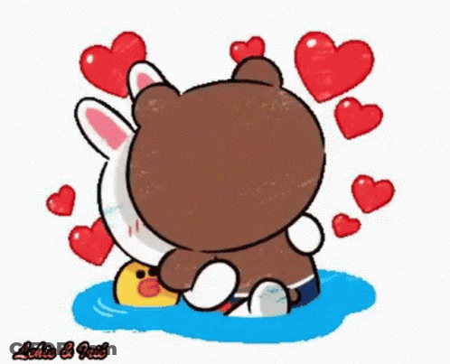 A Brown Bear And A White Rabbit Are Hugging Each Other In The Water Surrounded By Red Hearts . GIF