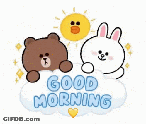 A Brown Bear And A White Rabbit Are Sitting On A Cloud With The Words Good Morning GIF