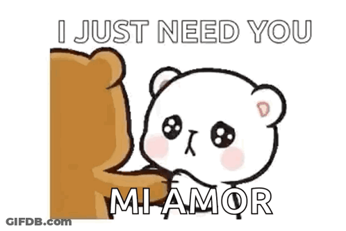 A Brown Bear Is Hugging A White Bear With The Words `` I Just Need You Mi Amor '' Written On It . GIF