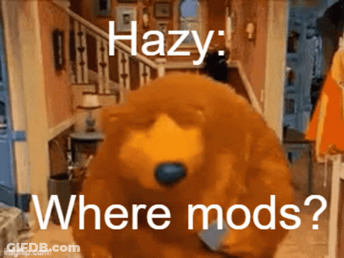 A Brown Bear Is Standing In A Hallway With A Caption That Says Hazy Where Mods GIF