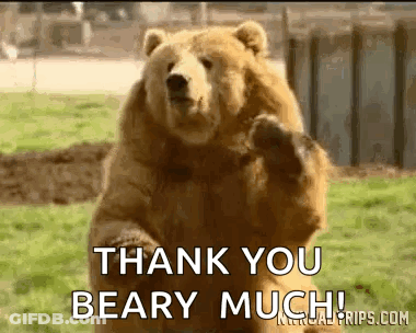 A Brown Bear Is Standing On Its Hind Legs In A Field And Says Thank You Beary Much . GIF