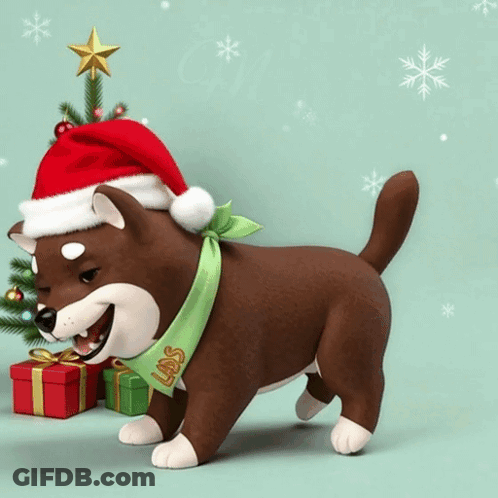 A Brown Dog Wearing A Santa Hat And A Green Scarf With Labs On It GIF