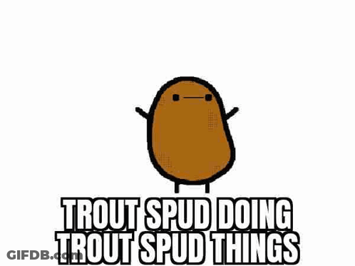 A Brown Potato With Arms And Legs And The Words `` Trout Spud Doing Trout Spud Things '' Written On It . GIF