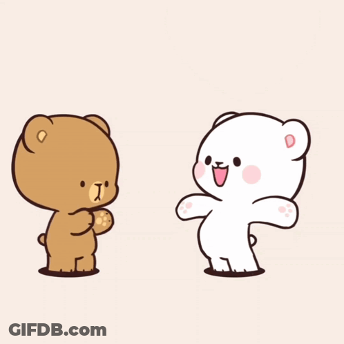 A Brown Teddy Bear And A White Teddy Bear Are Standing Next To Each Other With Their Arms Outstretched GIF