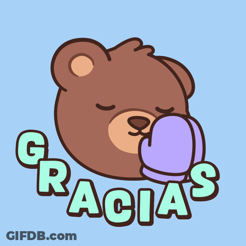 A Brown Teddy Bear Is Holding A Purple Heart And The Word Gracias Is Written Below It GIF