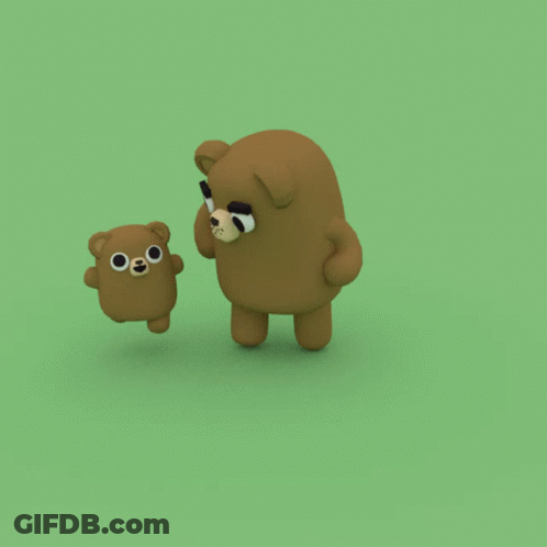 A Brown Teddy Bear Standing Next To Another Teddy Bear On A Green Background GIF
