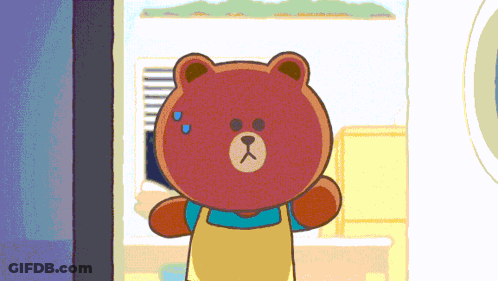 A Brown Teddy Bear Wearing A Blue Shirt And Apron Is Standing In Front Of A Window GIF