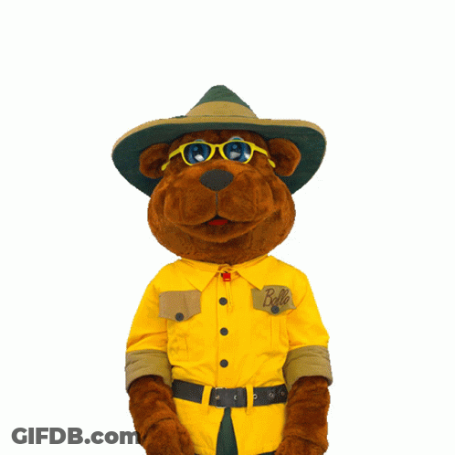 A Brown Teddy Bear Wearing A Hat And Sunglasses Has The Word Bello On His Chest GIF