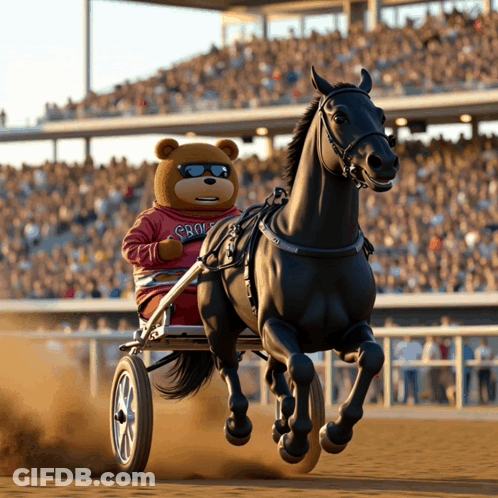A Brown Teddy Bear Wearing Sunglasses Is Riding A Black Horse In A Race GIF