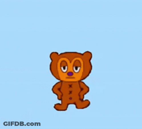 A Brown Teddy Bear With A Purple Nose Is Standing On A Blue Surface GIF
