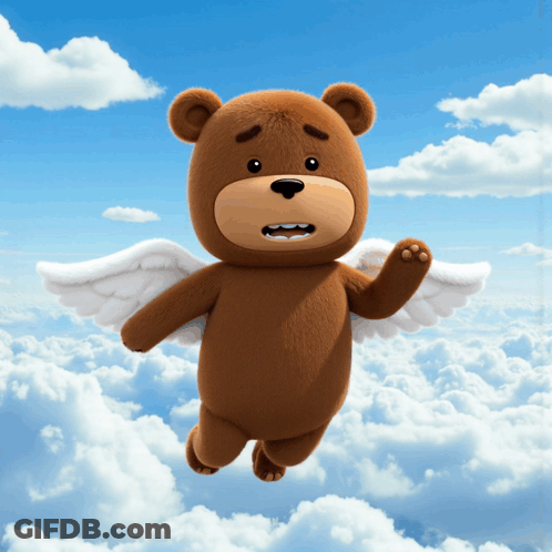 A Brown Teddy Bear With White Wings Is Flying Through The Clouds GIF