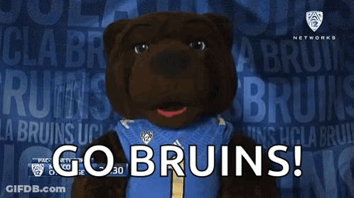 A Bruins Mascot Says Go Bruins In Front Of A Blue Background GIF