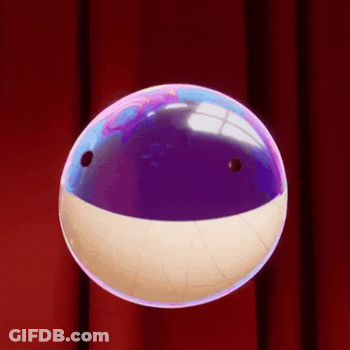 A Bubble That Looks Like A Shark 'S Mouth Is Floating On A Red Curtain GIF