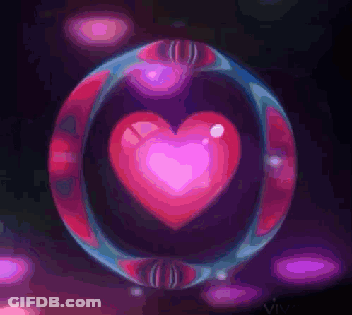 A Bubble With A Heart Inside Of It And A Purple Background GIF
