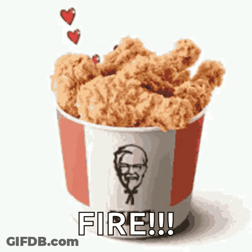 A Bucket Of Fried Chicken With Hearts And The Words Fire !!! Below It GIF
