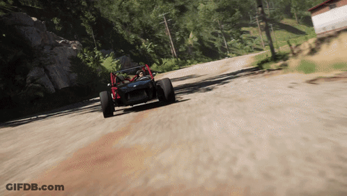 A Buggy Is Driving Down A Dirt Road With Trees In The Background GIF