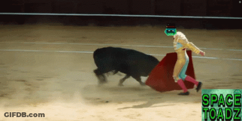 A Bull Is Being Slaughtered By A Matador With Space Toadz Written On The Bottom GIF