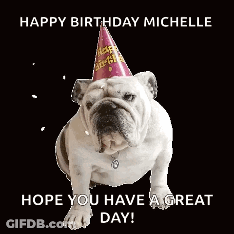 A Bulldog Wearing A Birthday Hat With The Words Happy Birthday Michelle Hope You Have A Great Day GIF