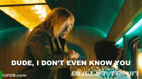 A Bullet Train Poster With A Woman Pointing At A Man And The Words Dude I Don 'T Even Know You GIF