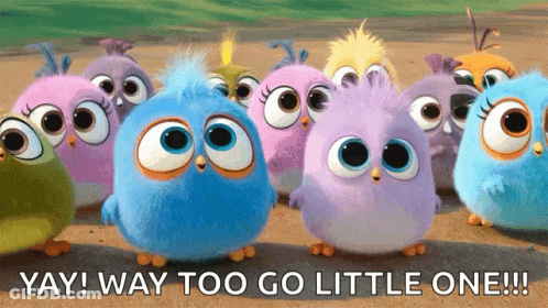 A Bunch Of Angry Birds With The Words Yay Way Too Go Little One Written Below Them GIF
