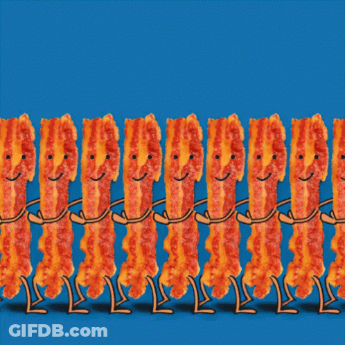 A Bunch Of Bacon Standing In A Row With The Word Bacon Written On The Top GIF