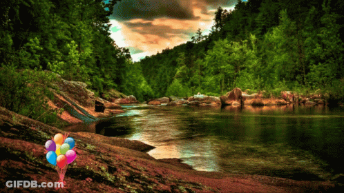 A Bunch Of Balloons Are Sitting On A Rock Near A River GIF