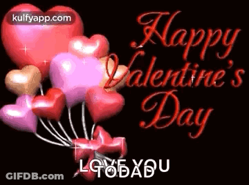 A Bunch Of Balloons In The Shape Of Hearts Are Flying In The Air . GIF