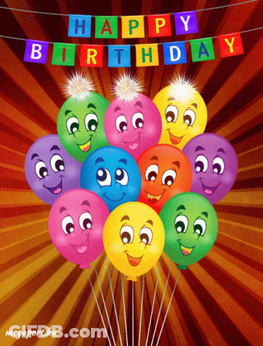 A Bunch Of Balloons With Faces On Them And A Happy Birthday Banner Above Them GIF