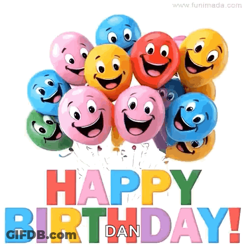 A Bunch Of Balloons With Smiley Faces On Them And The Words Happy Birthday ! GIF