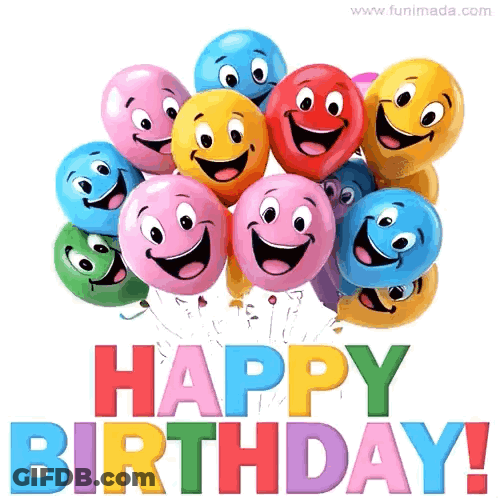 A Bunch Of Balloons With Smiley Faces On Them And The Words Happy Birthday GIF