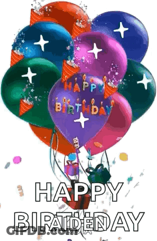 A Bunch Of Balloons With The Words `` Happy Birthday '' On Them GIF