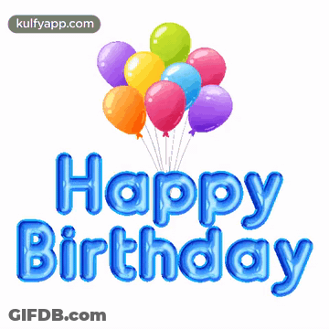 A Bunch Of Balloons With The Words Happy Birthday Written In Blue GIF