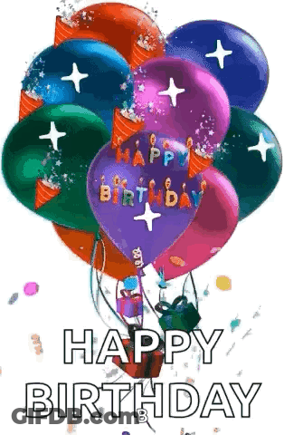 A Bunch Of Balloons With The Words `` Happy Birthday '' Written On Them . GIF