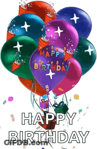 A Bunch Of Balloons With The Words `` Happy Birthday '' Written On Them . GIF