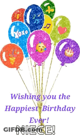 A Bunch Of Balloons With The Words Wishing You The Happiest Birthday Ever Niece Written On It GIF