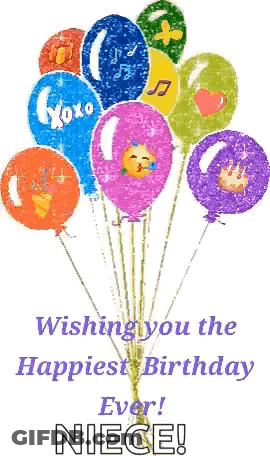 A Bunch Of Balloons With The Words Wishing You The Happiest Birthday Ever ! Niece Written On It GIF