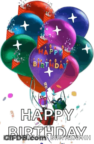 A Bunch Of Birthday Balloons With The Words Happy Birthday Written On Them GIF