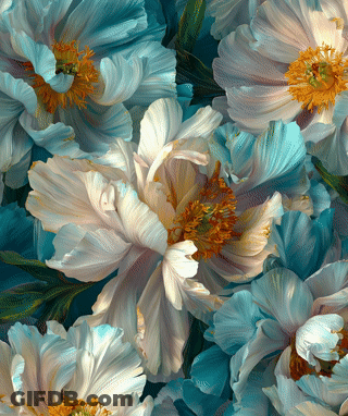 A Bunch Of Blue And White Flowers On A Dark Blue Background GIF