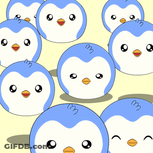 A Bunch Of Blue And White Penguins With A Yellow Beak GIF