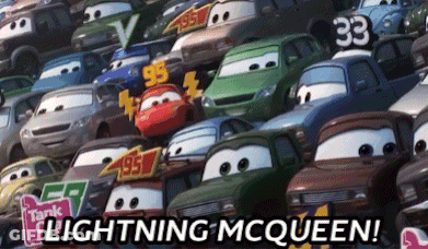 A Bunch Of Cars From The Movie Cars Are Stacked On Top Of Each Other With The Words `` Lightning Mcqueen ! '' GIF