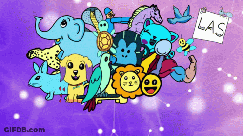 A Bunch Of Cartoon Animals With A Sign That Says Las On It GIF